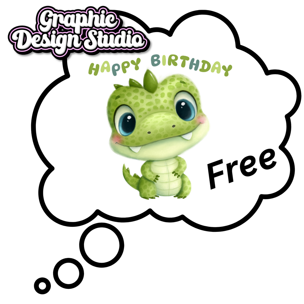 Cartoon dinosaur in a thought bubble with 'Happy Birthday Free' text, from a graphic design studio.