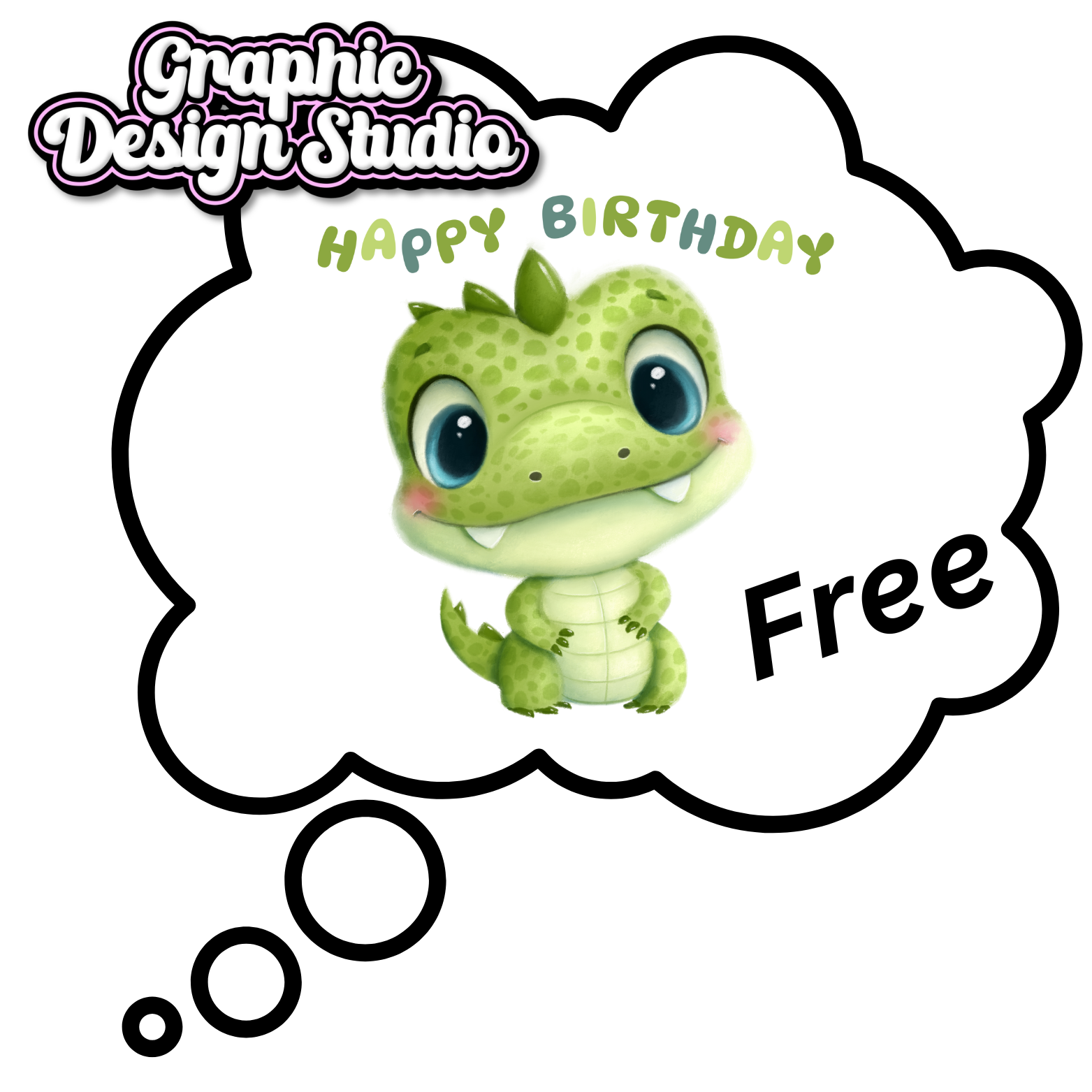 Cartoon dinosaur in a thought bubble with 'Happy Birthday Free' text, from a graphic design studio.