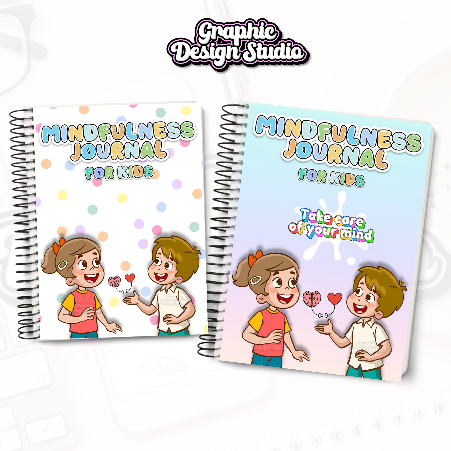 Two mindfulness journals for kids with cartoon characters on a white background.