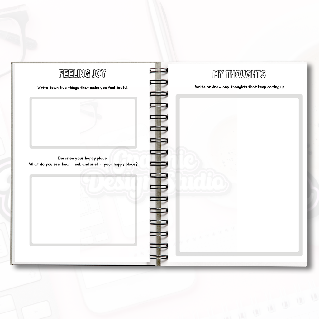 Open spiral-bound notebook with self-help pages on a white background