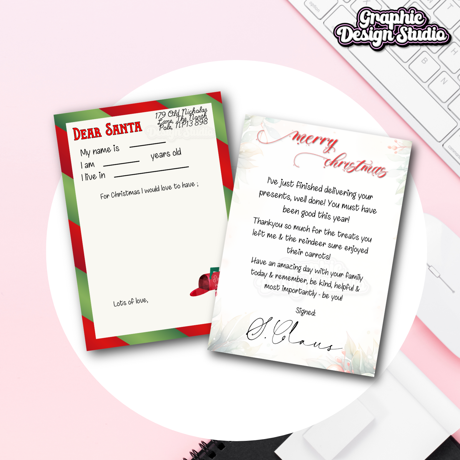 Two Christmas-themed letters on a pink surface with a 'Graphic Design Studio' logo.