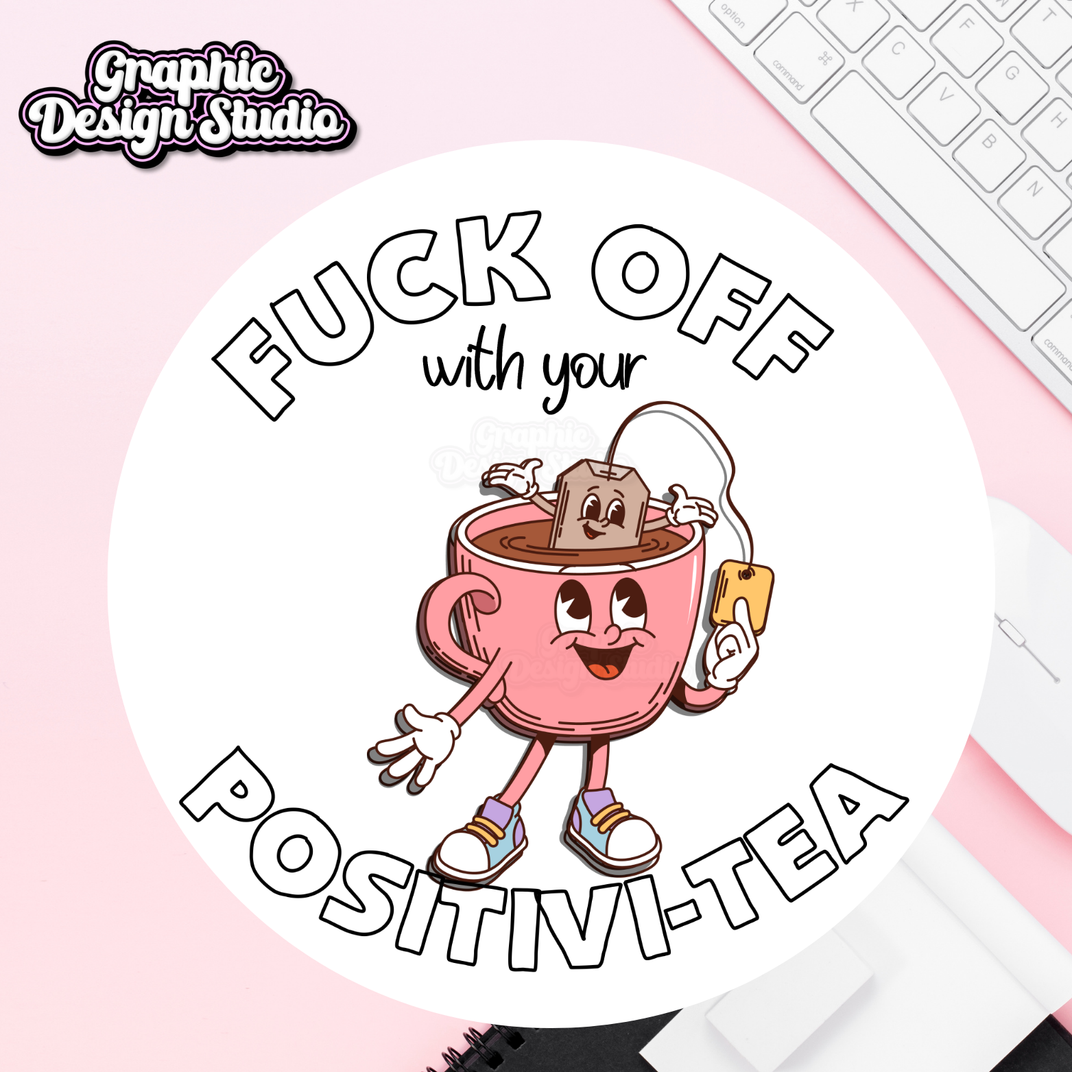 A digital design with a picture of a tea and tea bag 