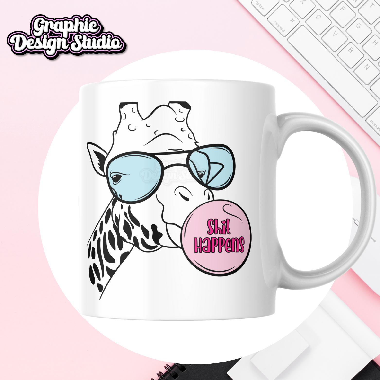 A giraffe sublimation design, with blue glasses, chewing gum