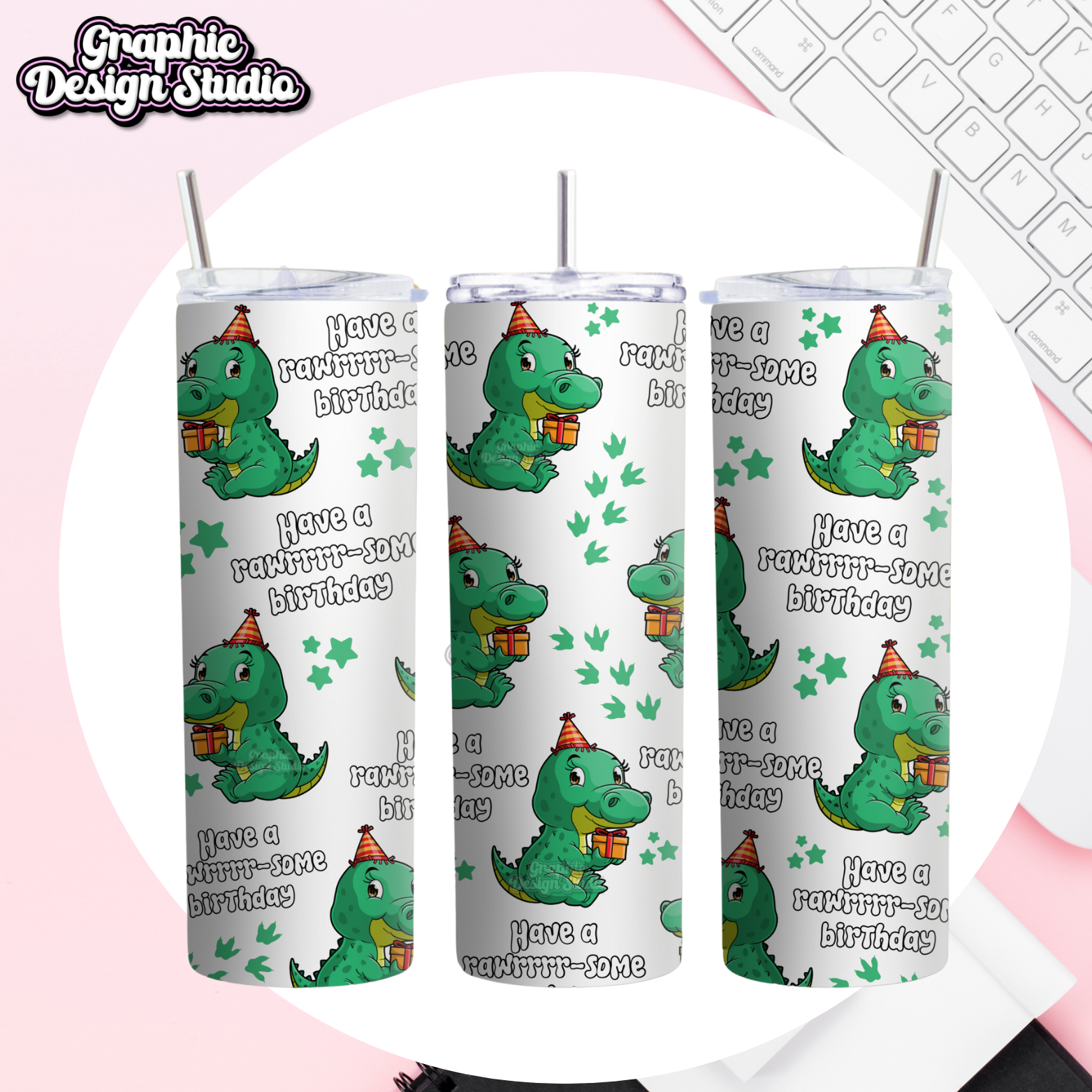 Three tumbler with dinosaur design and text on a white background