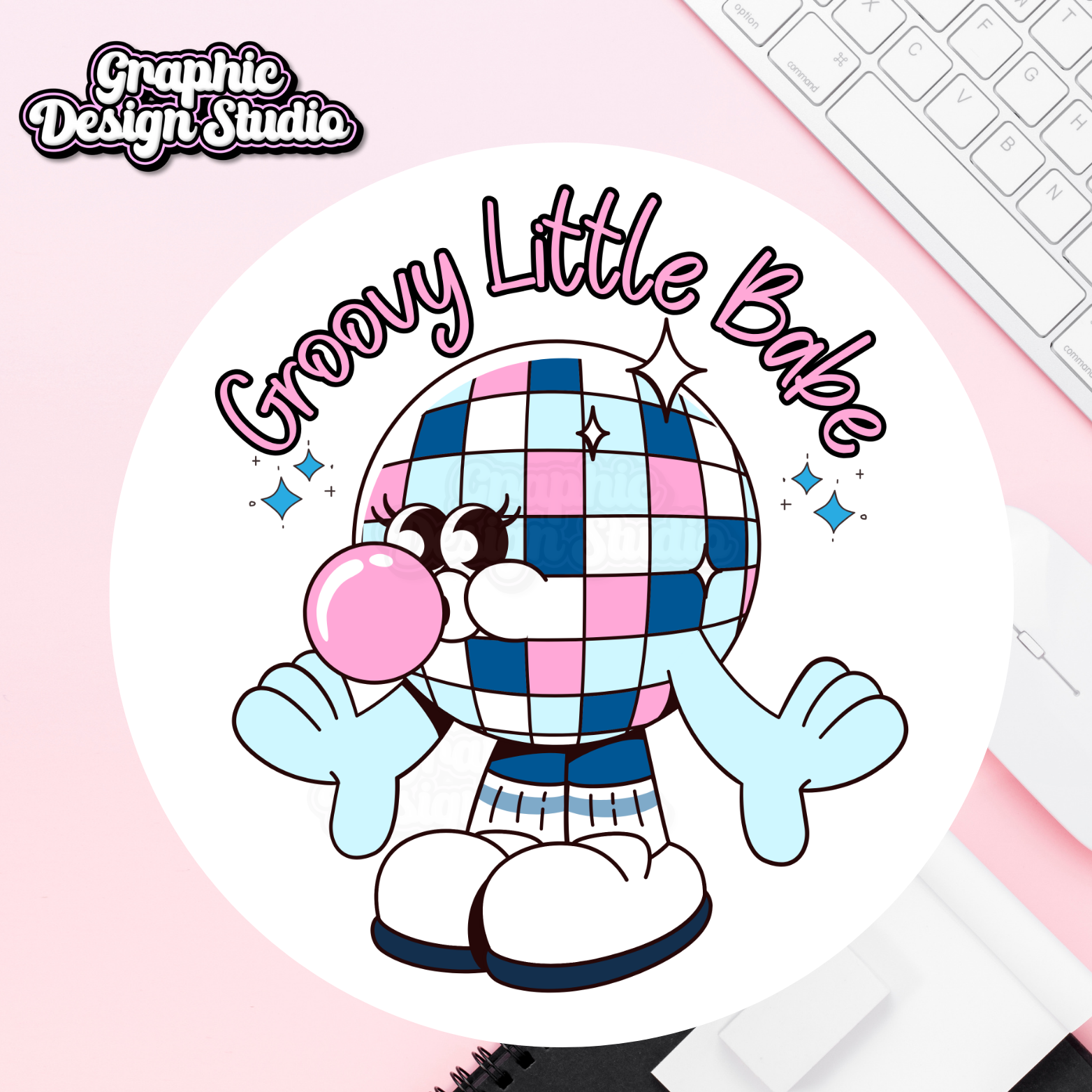 A blue and pink and baby blue design with a disco ball and text saying groovy little babe for use on mugs or T-shirts 