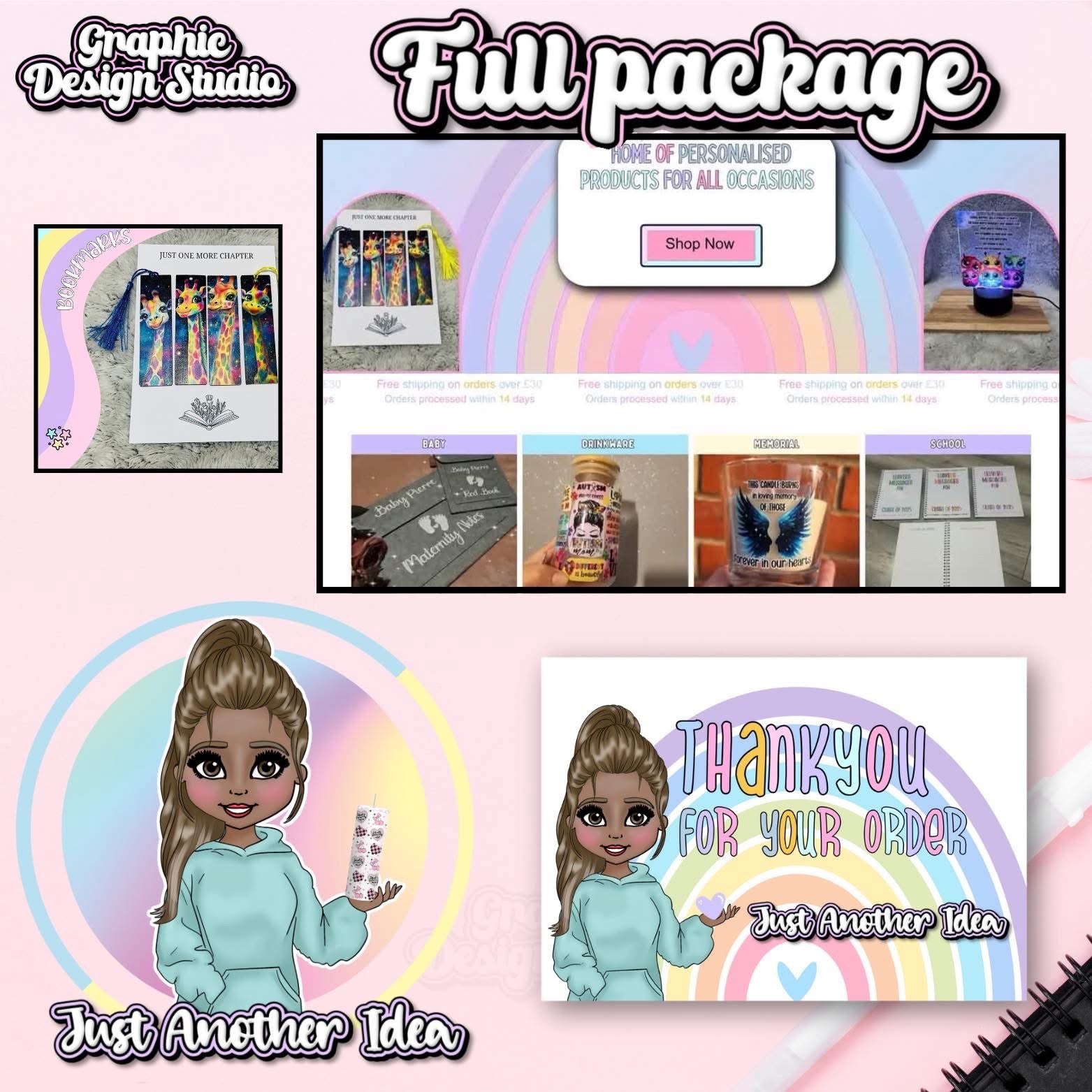 Promotional graphic for a graphic design studio with product images and branding elements with website design 