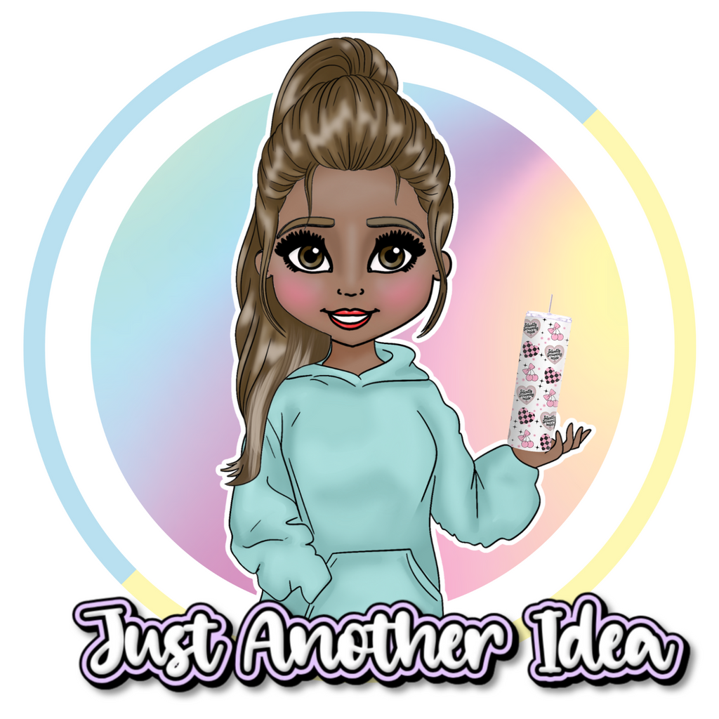Cartoon character holding a drink with a colorful circular background and 'Just Another Idea' text.
