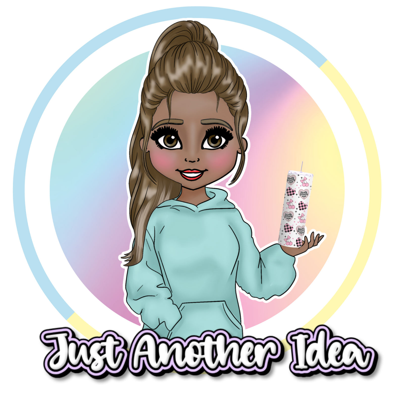 Cartoon character holding a drink with a colorful circular background and 'Just Another Idea' text.