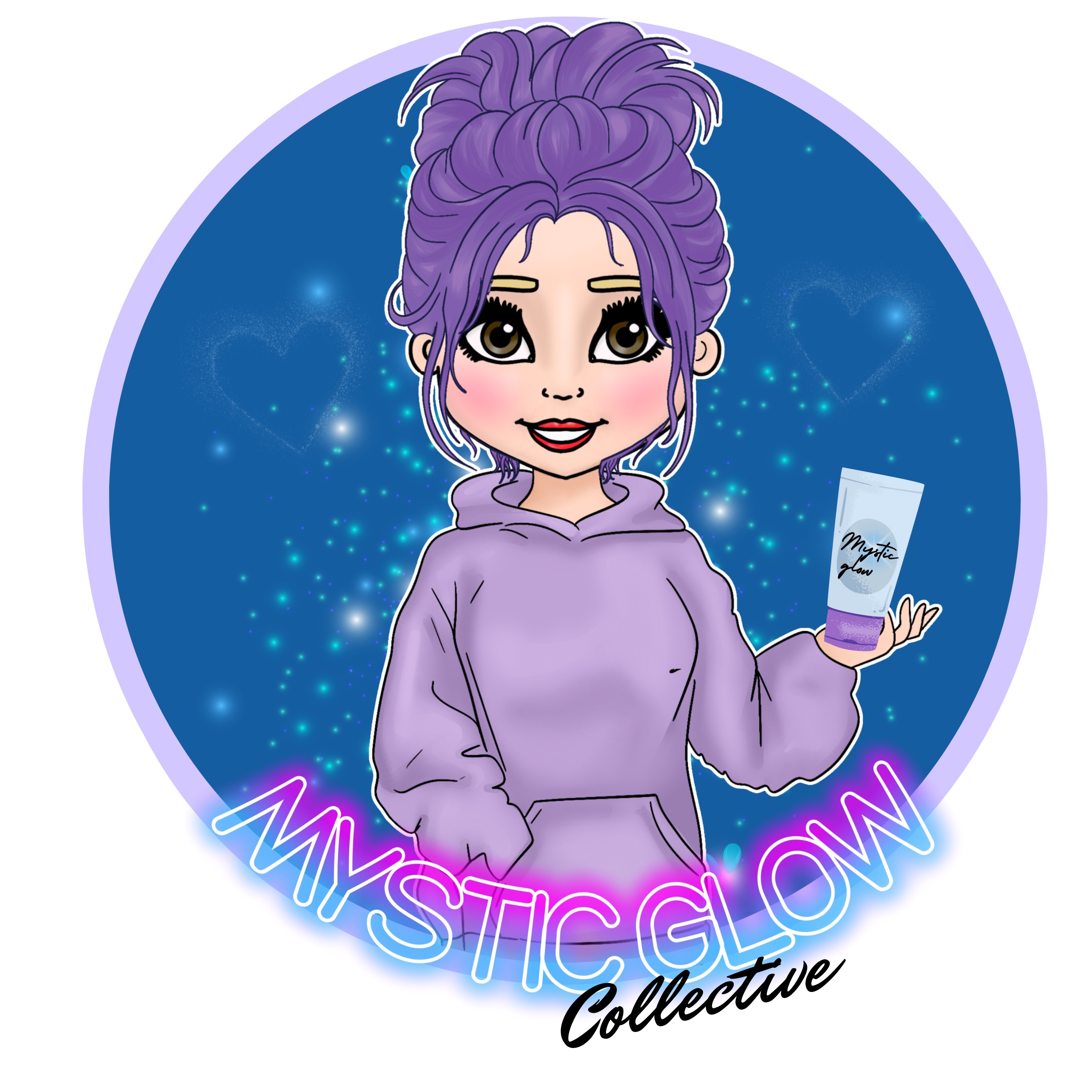 Cartoon character holding a product with 'Mystic Glow Collective' branding on a blue background
