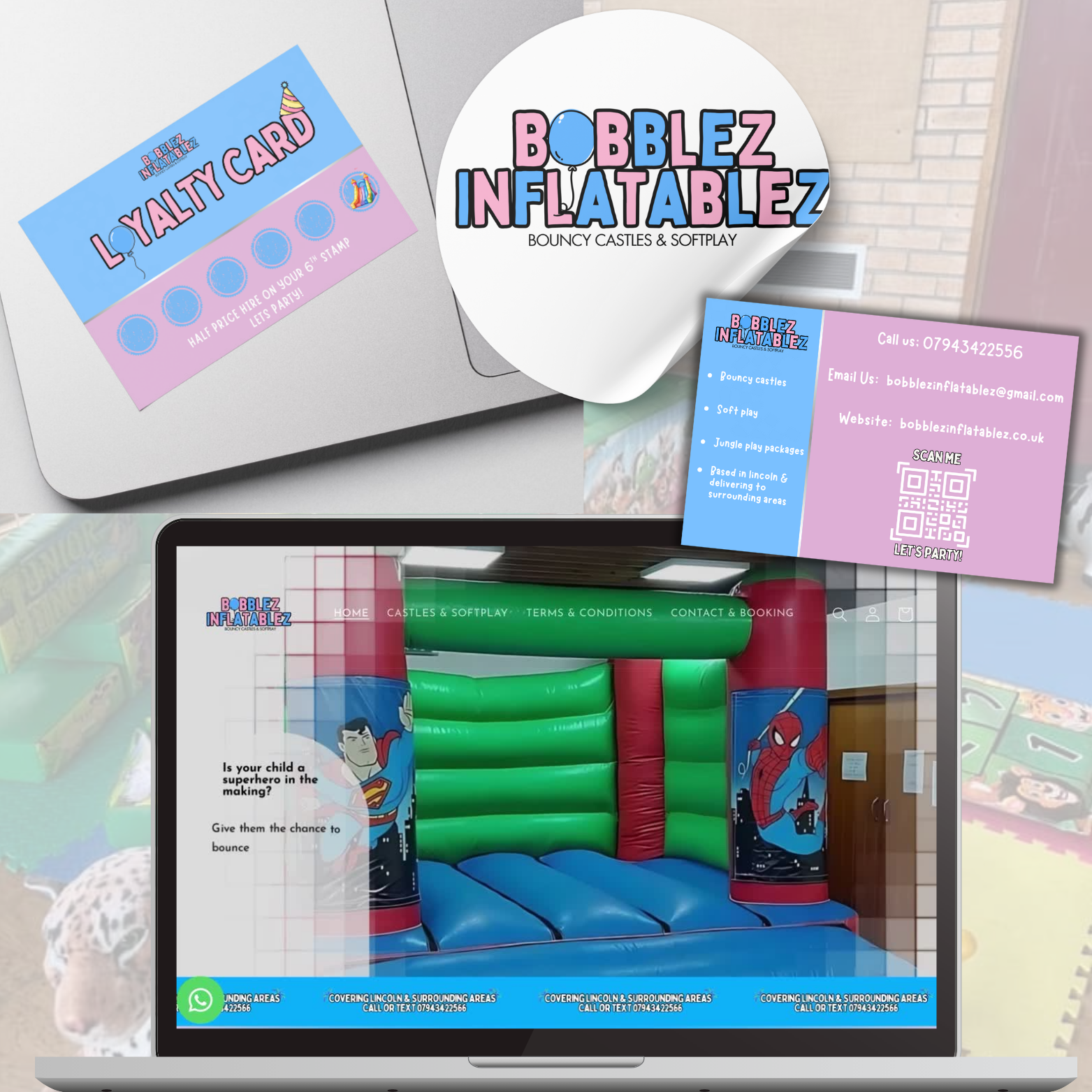 Laptop displaying Bobblez Inflatables website with branded loyalty card and business card on a white surface. Website designer