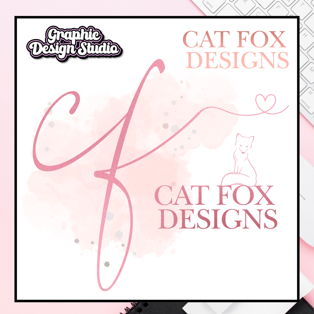 Cat Fox Designs logo with pink watercolor background and cat illustration