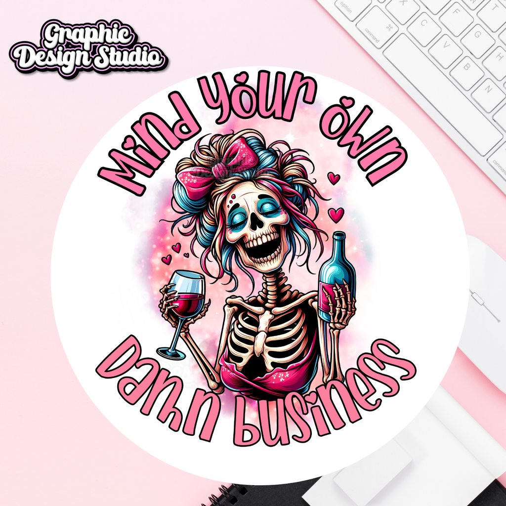 A pink sublimation design with a girl holding a wine bottle