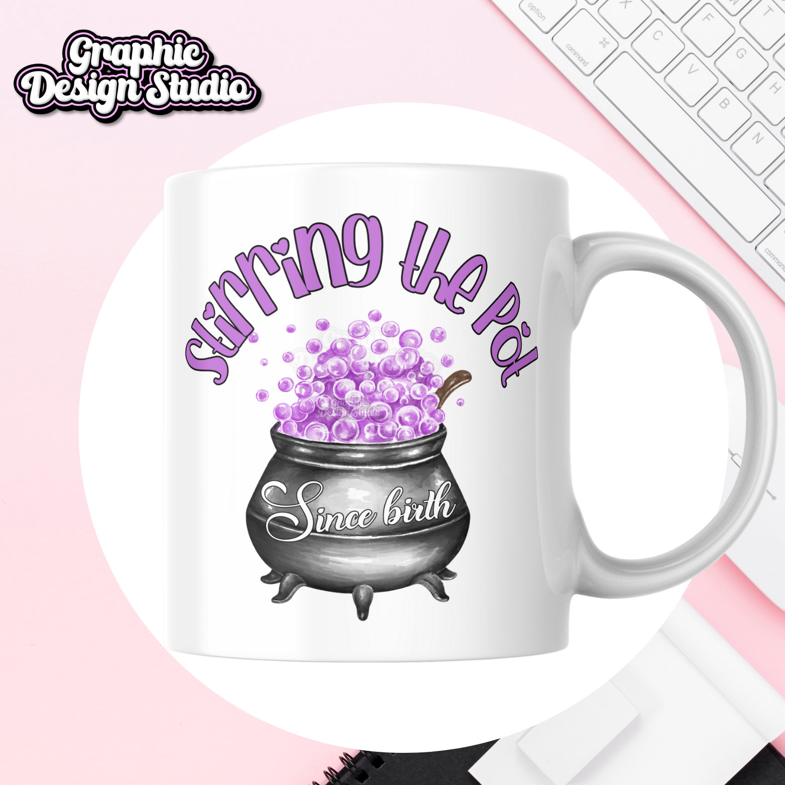 A purple design with a witches pot in the middle,with a quote saying stirring the pot since birth, printed on to a mug mock-up 