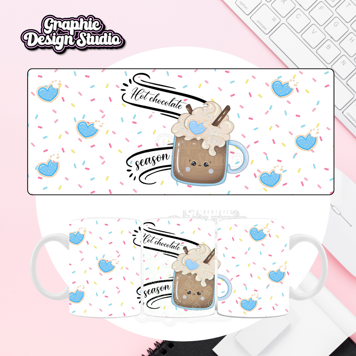 This is a digital mug wrap design which says hot chocolate season;This download is resizeable for different mugs.&nbsp;
this includes the mock-up.
