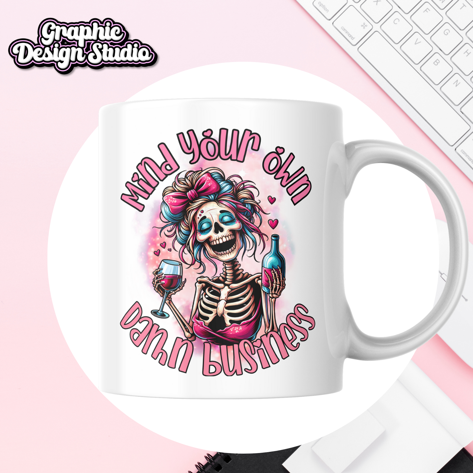 A mock-up image of a sublimation design in pink and a skeleton girl with a bottle of wine 