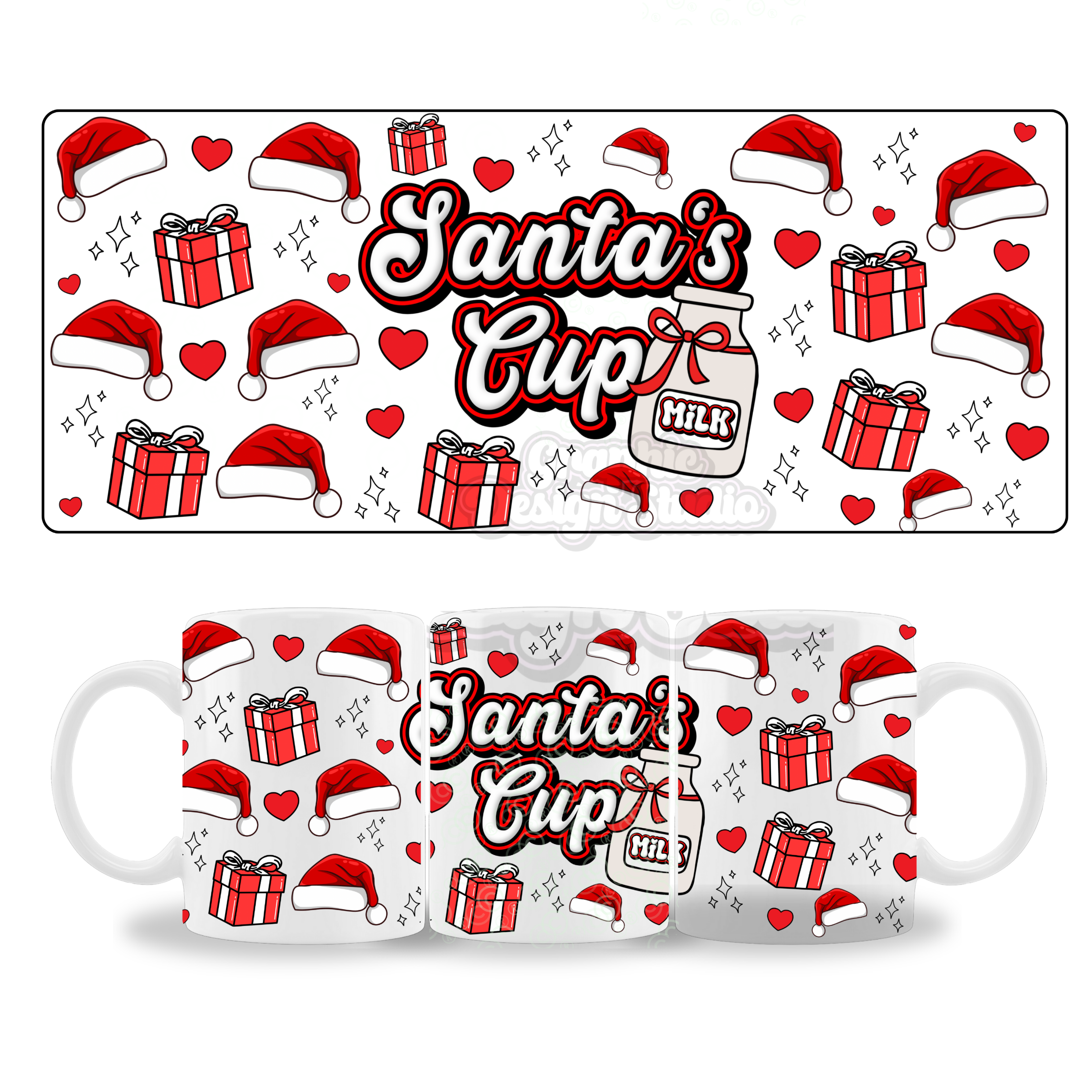 Two Christmas-themed mugs with 'Santa's Cup' design on a white background