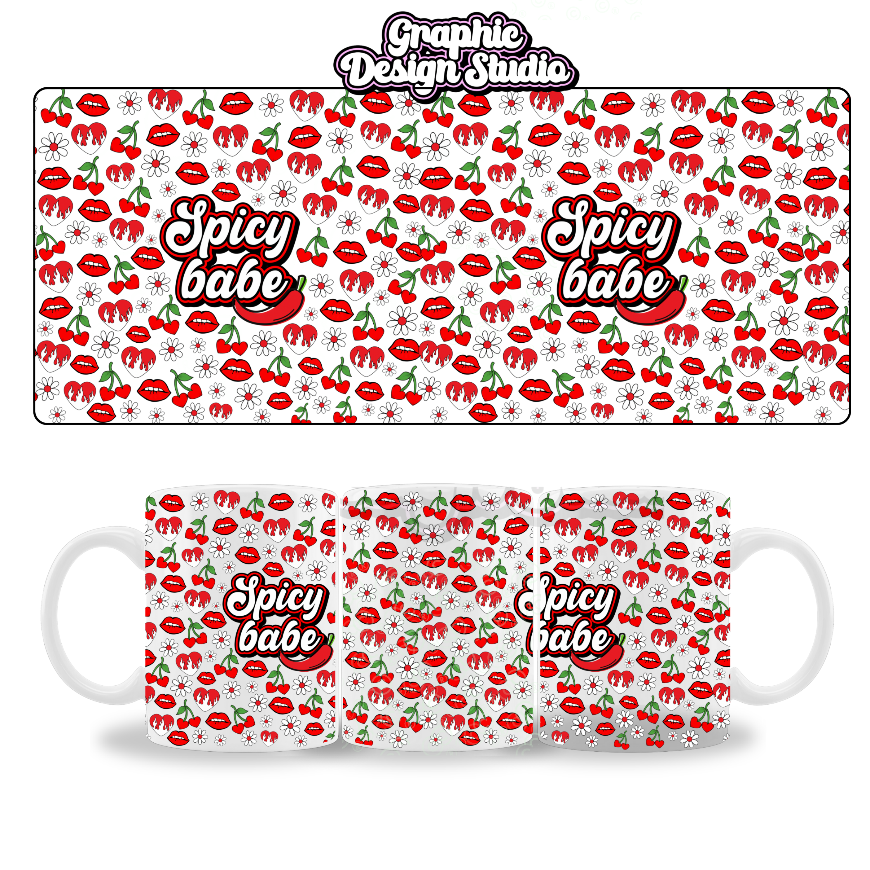 Product set with 'Spicy Babe' design on a mat and mug.