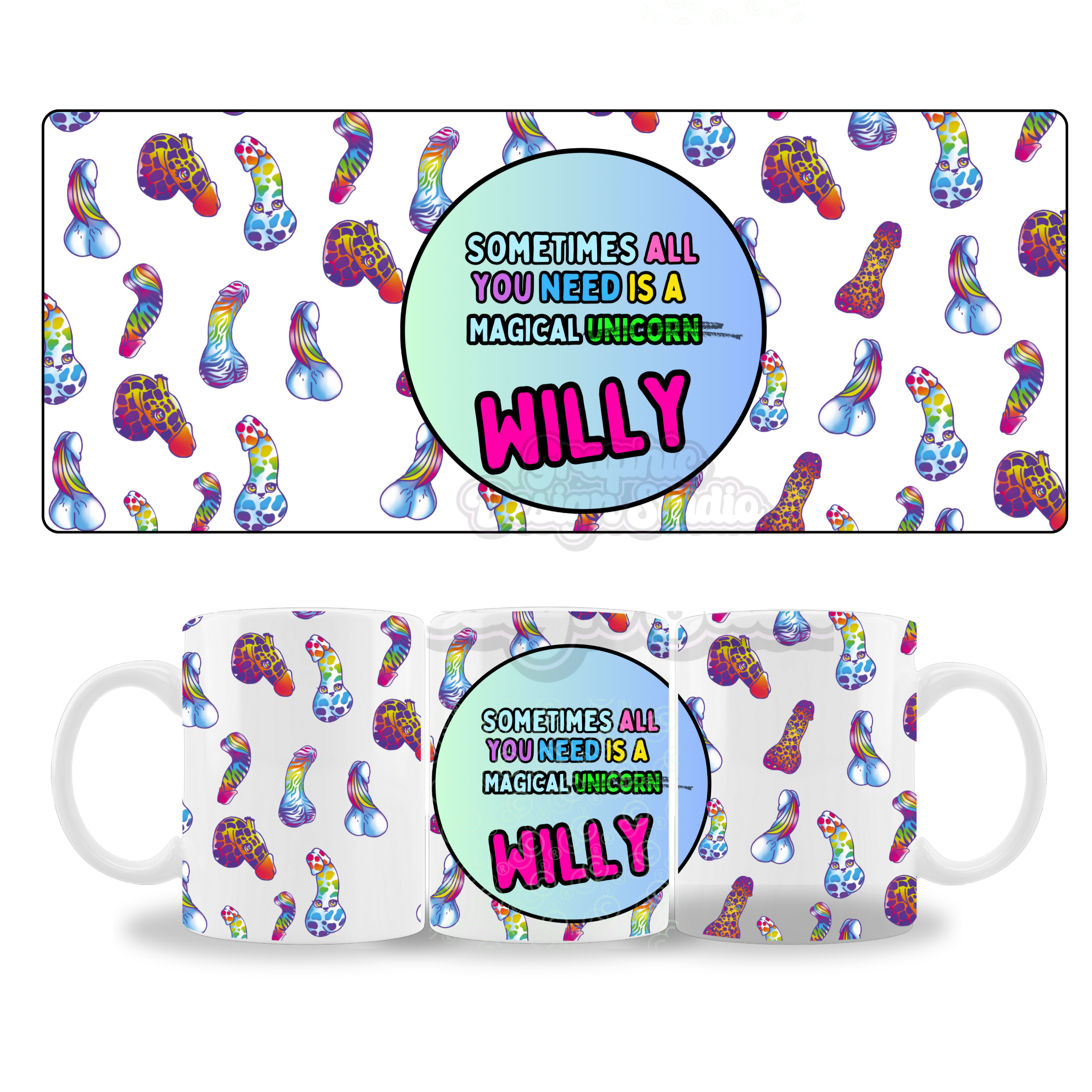 Two mugs with colorful footprints and humorous text design on a white background