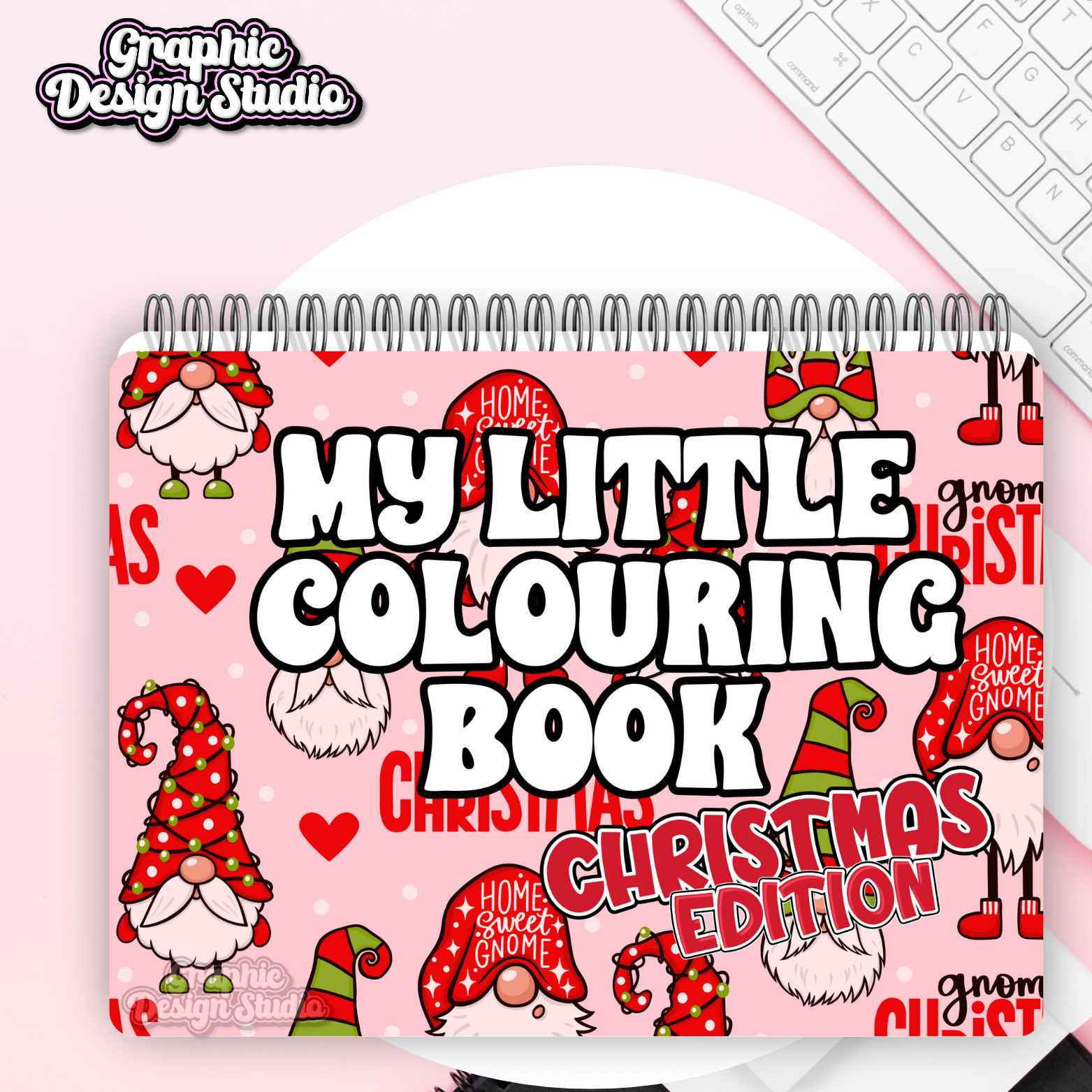 Coloring book titled 'My Little Colouring Book Christmas Edition' with cartoon gnomes on a pink background.