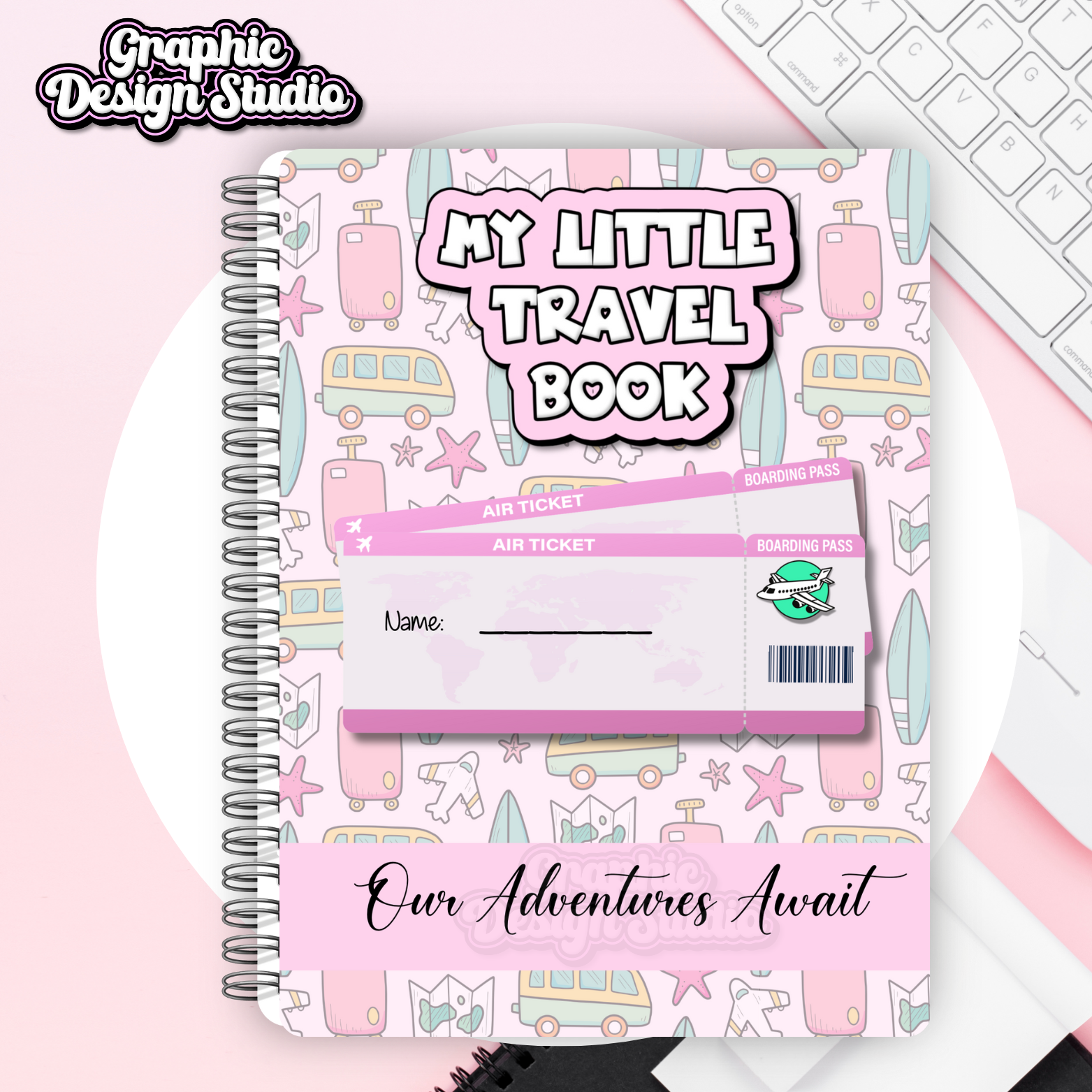 Travel-themed notebook with pastel designs and 'My Little Travel Book' text on a pink background.