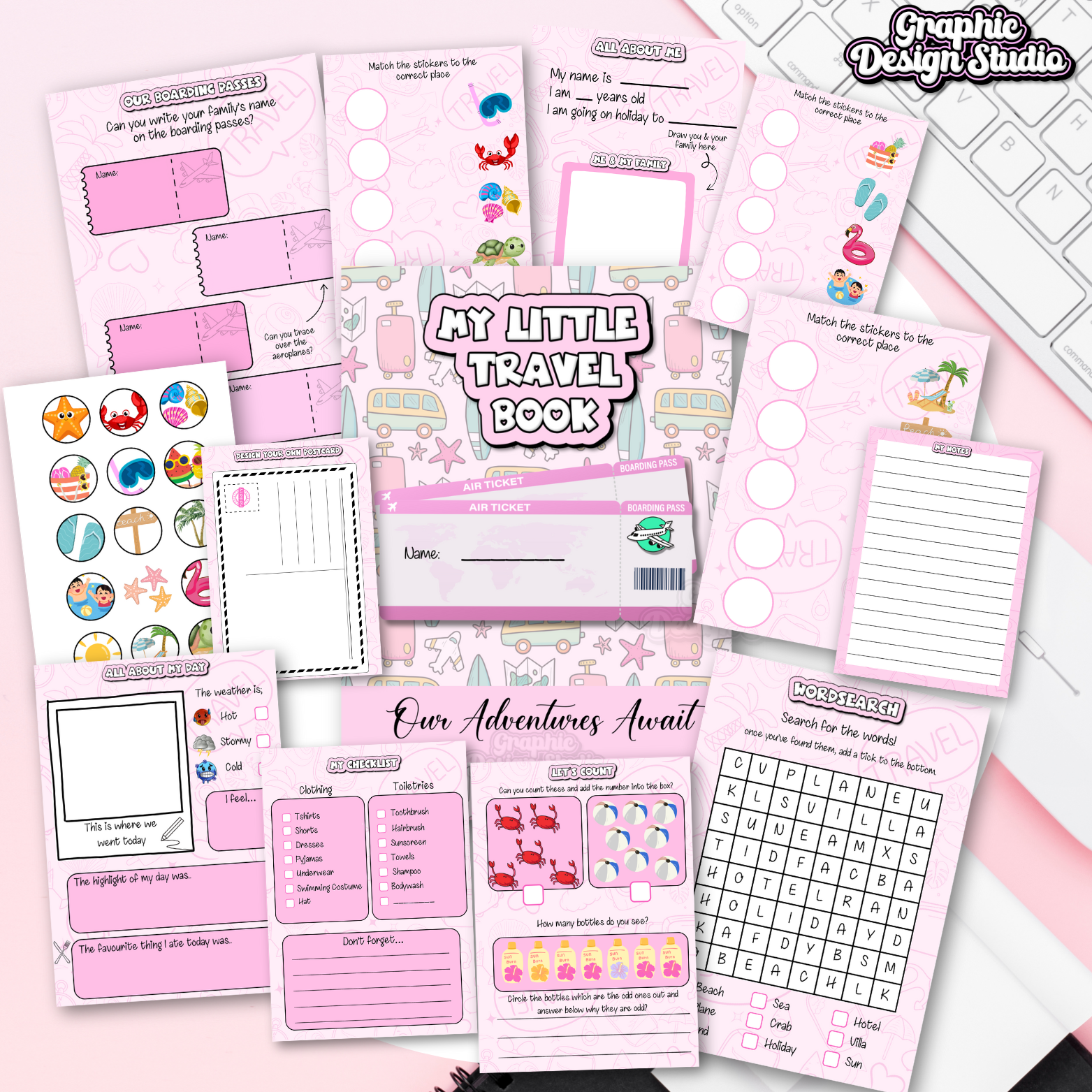 Collection of pink travel-themed children's activity sheets on a white surface.