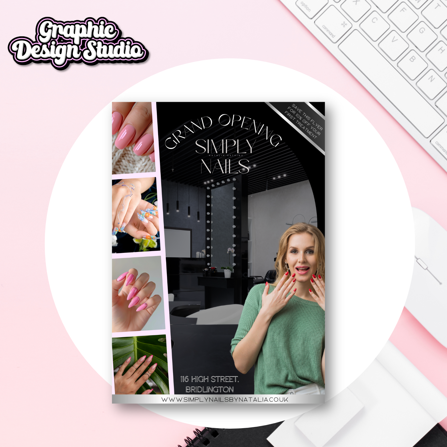 Promotional flyer for 'Simply Nails' with a woman showing off her nails, on a pink and white background.
