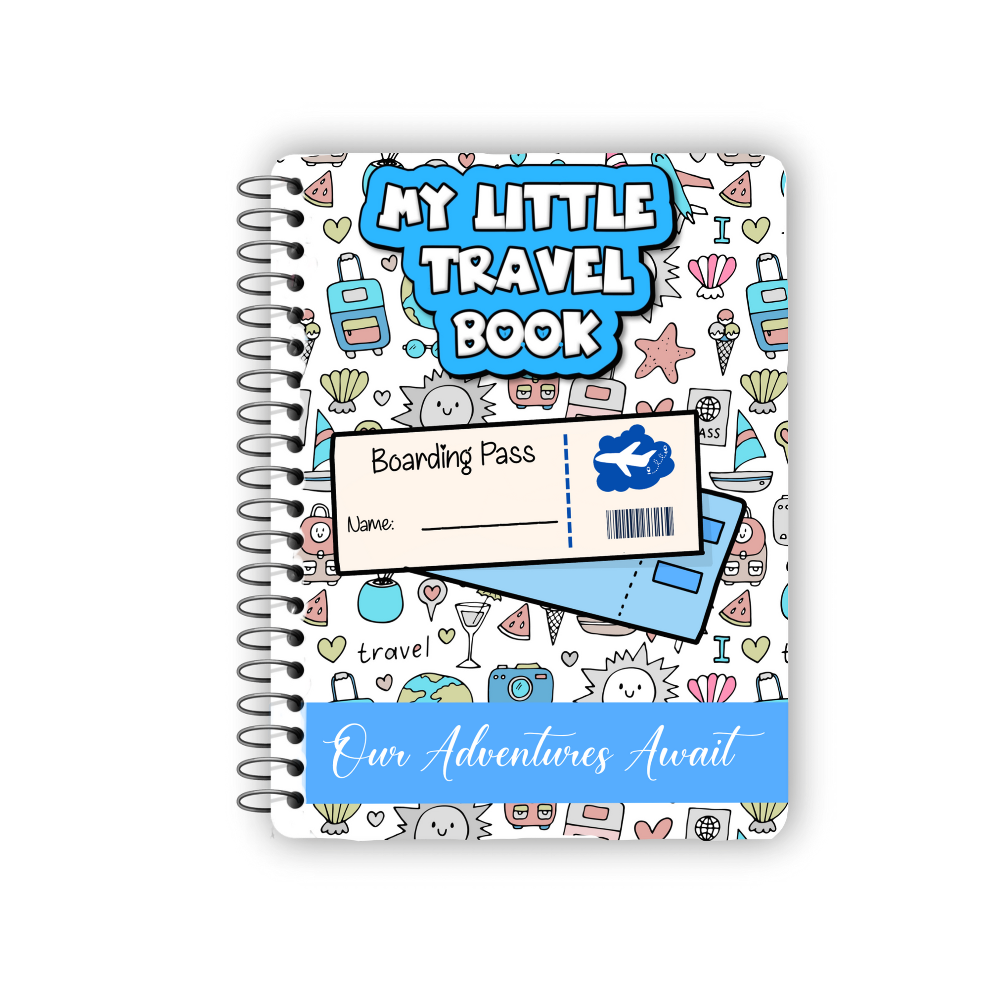 Notebook with travel-themed design and 'My Little Travel Book' text on a white background