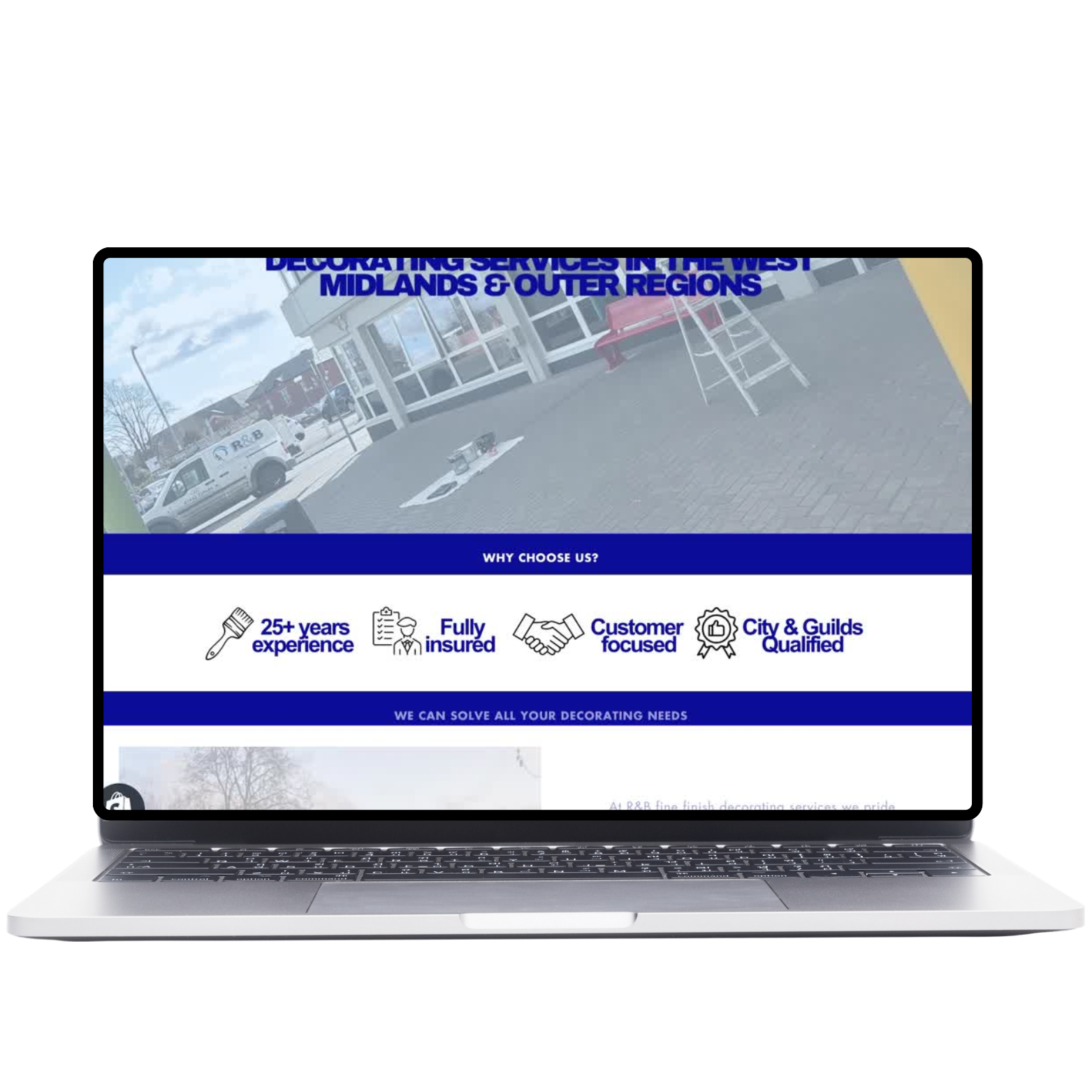 Laptop displaying a website for decorating services in the West Midlands & Outer Regions.