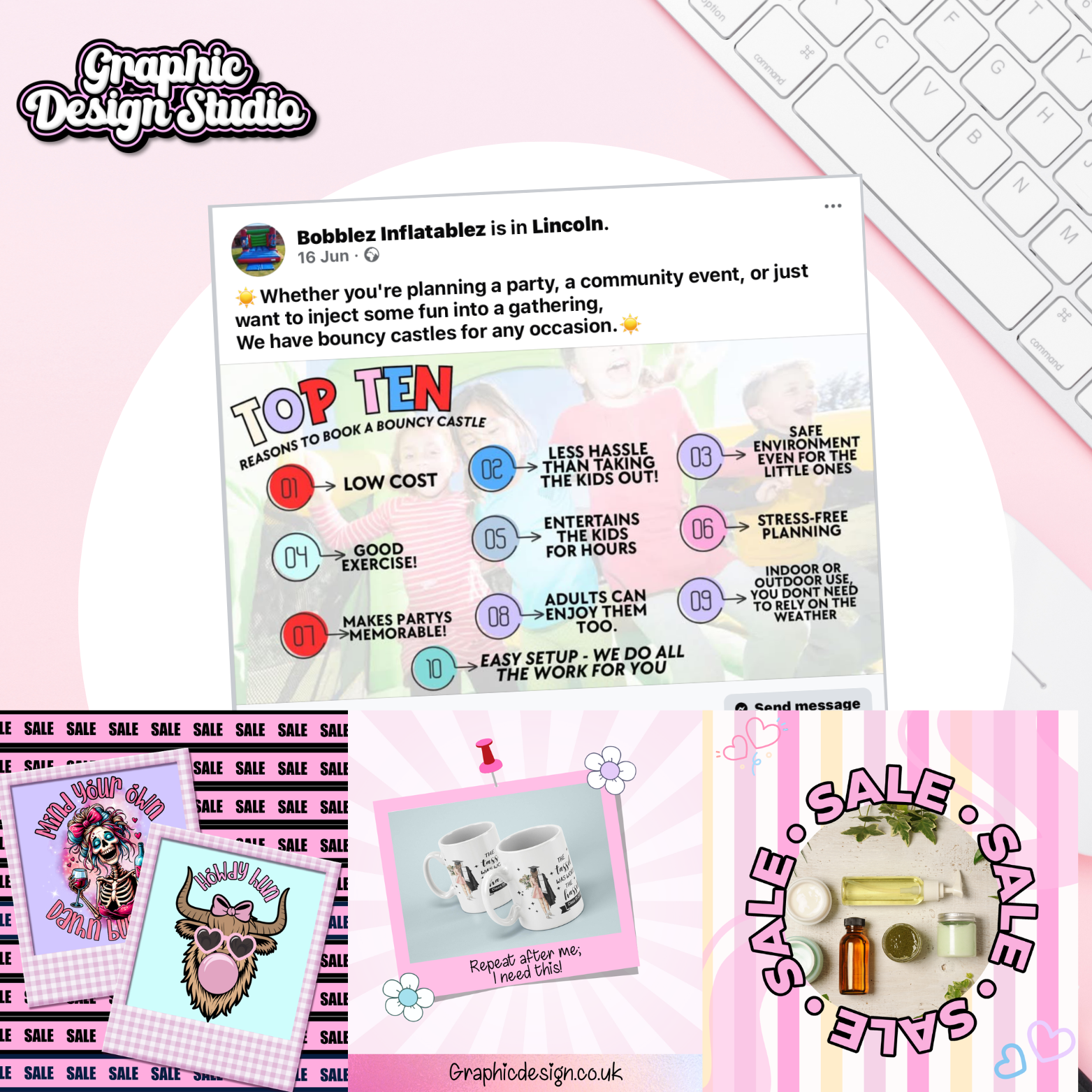 Promotional graphic for Bobble Inflatables with colorful text and images on a pink background.