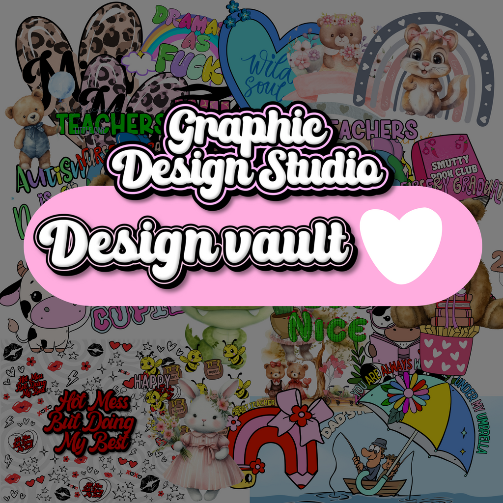 Collage of various graphic designs with text overlay 'Graphic Design Studio Design vault' on a dark background.