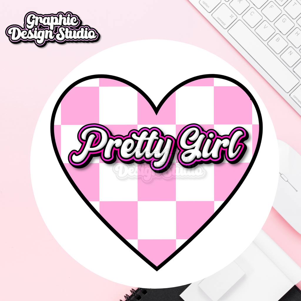 A white and pink love heart chequer design with pretty girl in the middle 