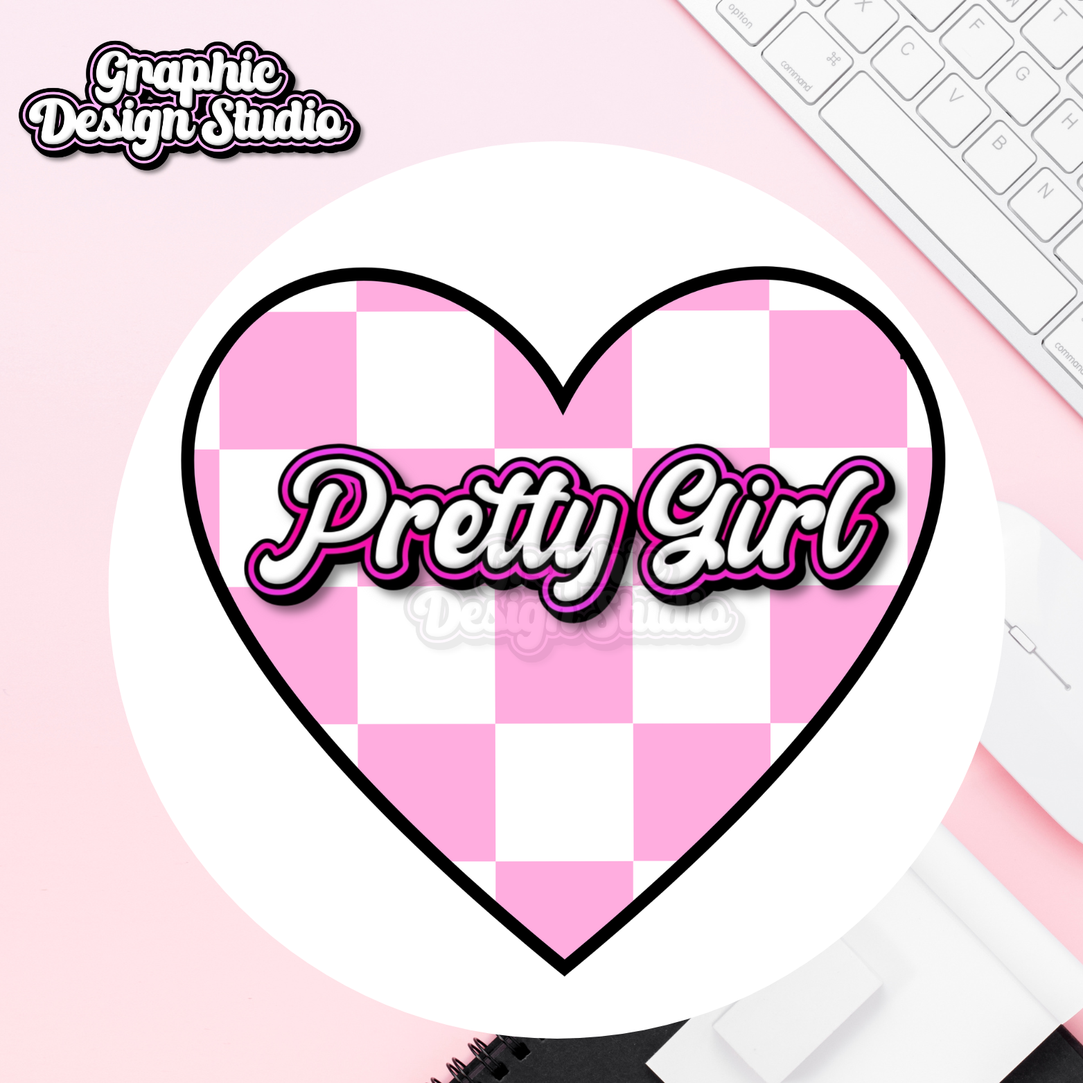 A white and pink love heart chequer design with pretty girl in the middle 