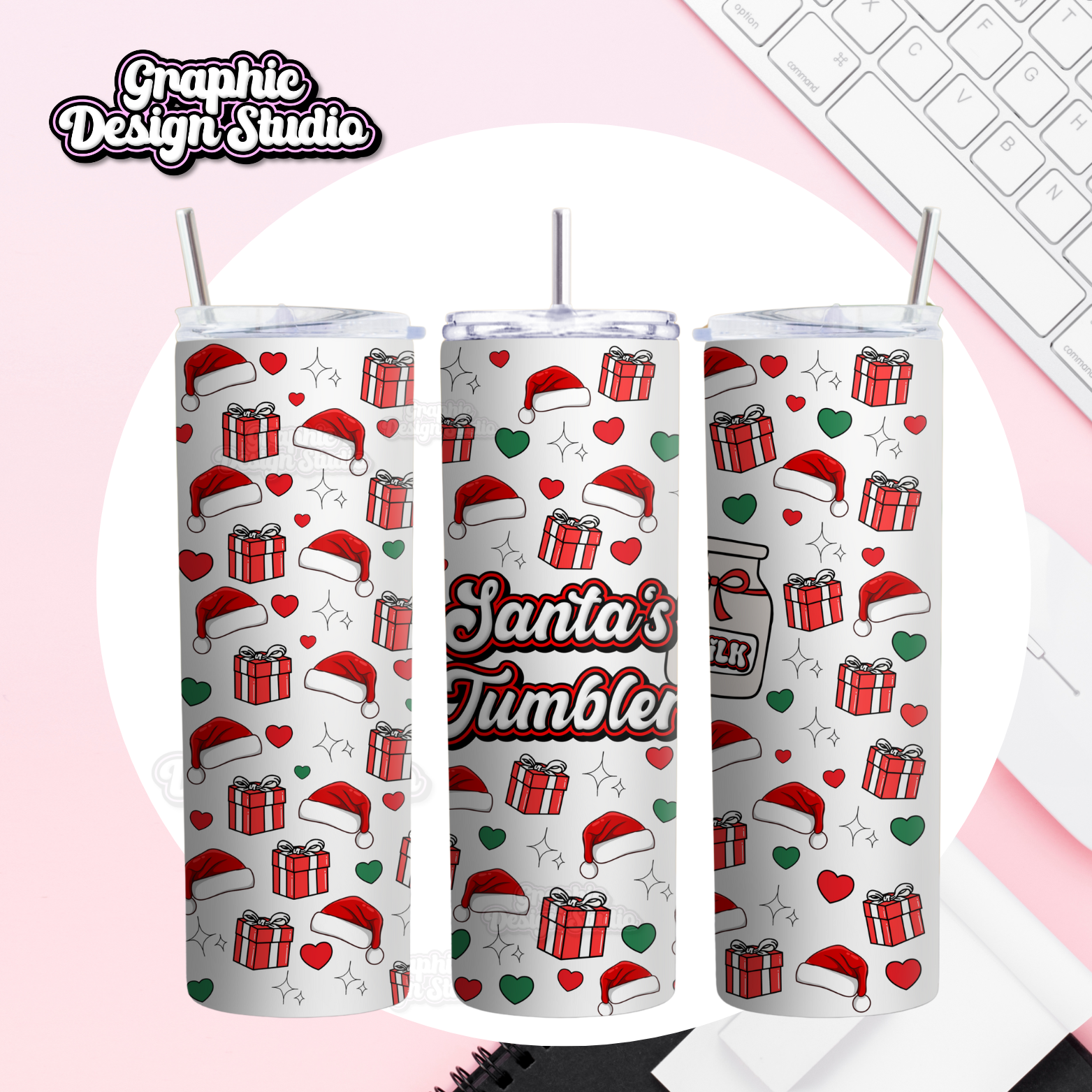 Three Christmas-themed tumblers with patterns and text on a pink background.