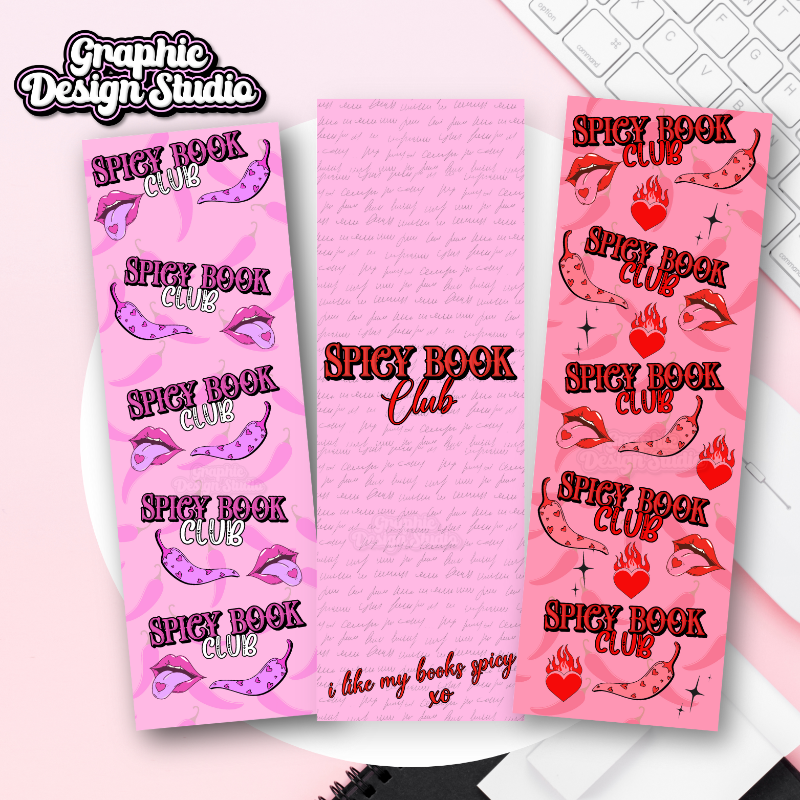 Three pink bookmarks with 'Spicy Book Club' text and graphics on a white background.