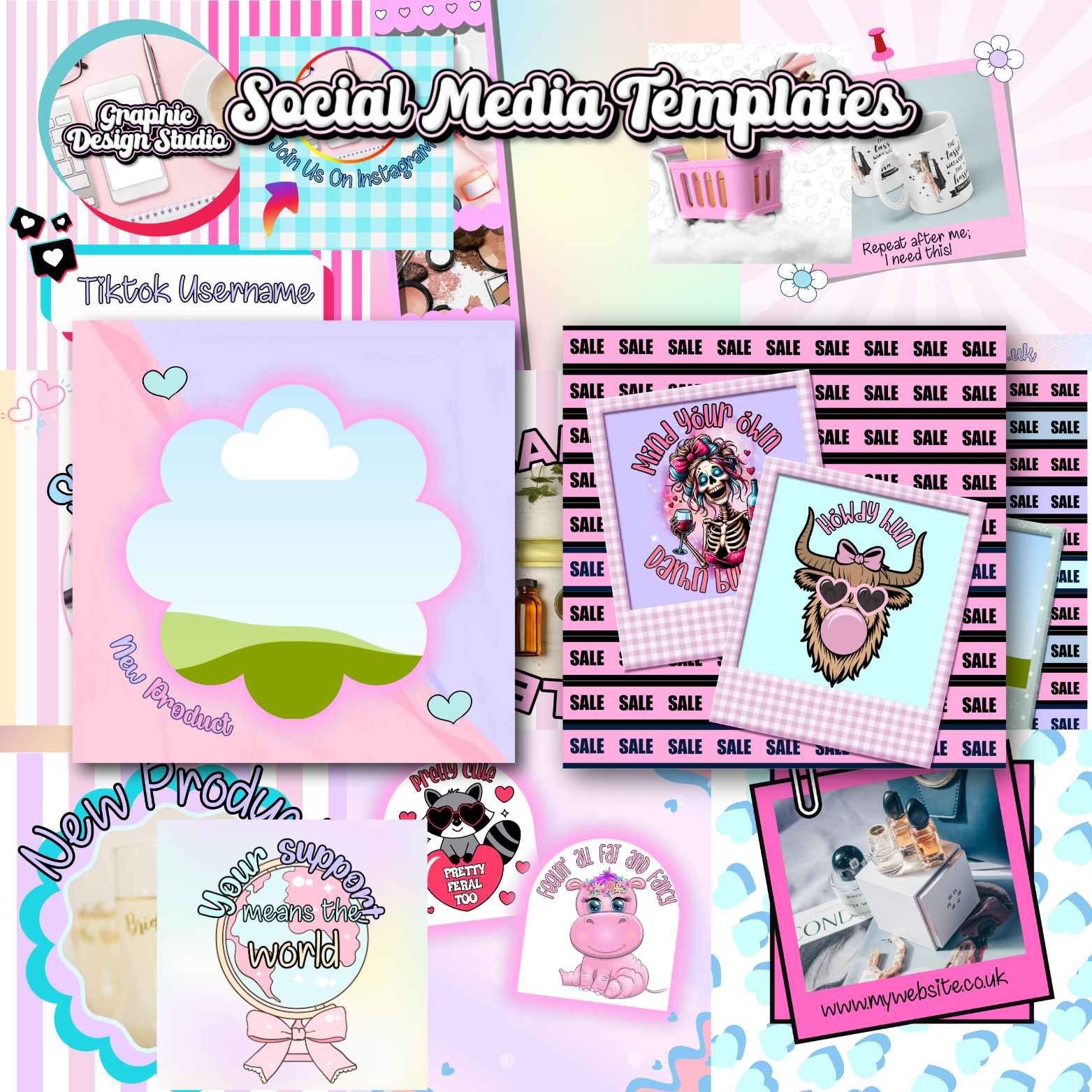 Collection of social media templates with various designs and text on a colorful background.