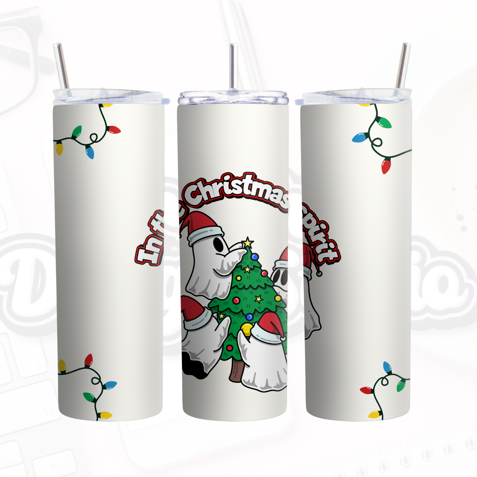 Three Christmas-themed tumblers with cartoon characters and festive designs on a white background.
