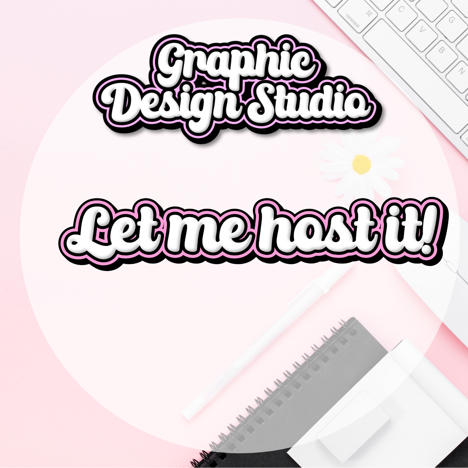 Graphic design studio text with a pink background and ruler at the bottom.
