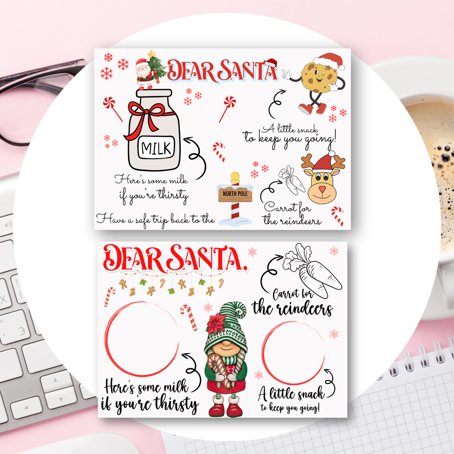 Two Christmas-themed cards with 'Dear Santa' messages on a pink surface.
